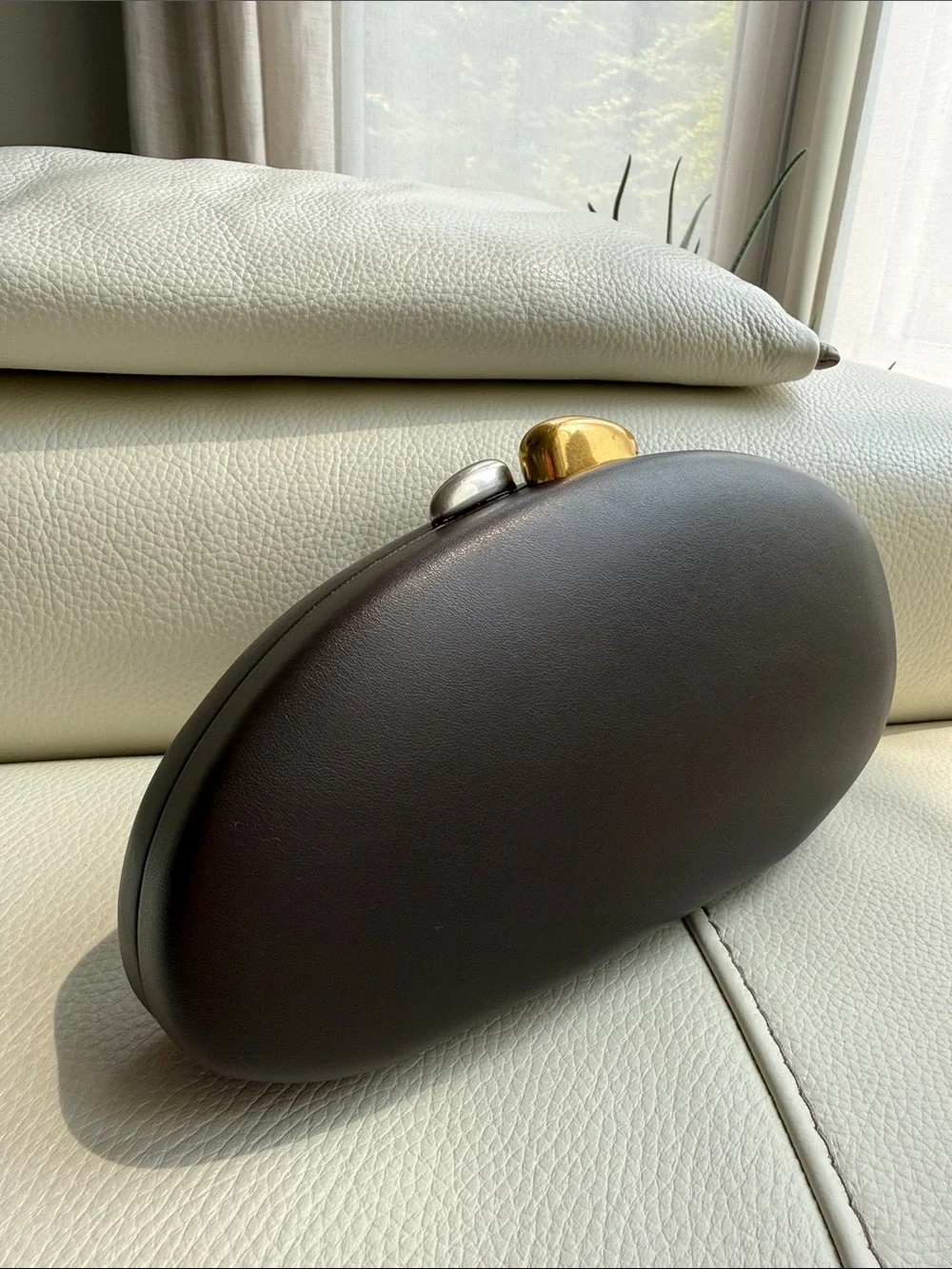 Zara Oval Dark BrownClutch with Metallic Accents